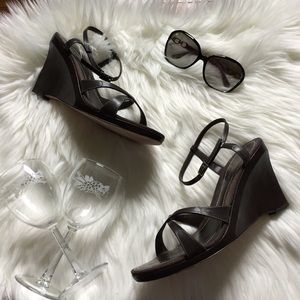 Ann Taylor Brown Leather Cross Ankle Strap Wedges